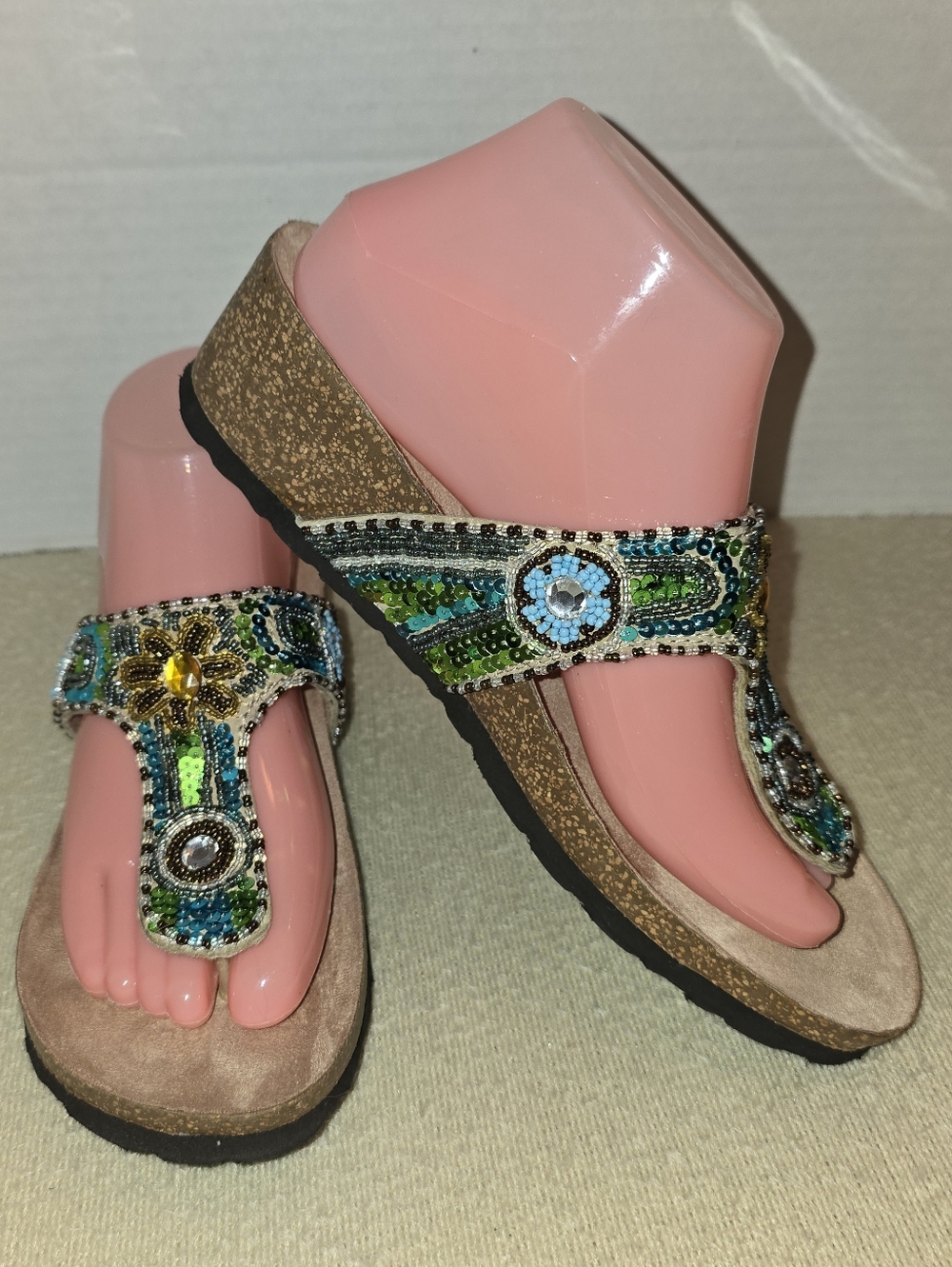 White Mountian Beaded Teal/Green Floral Thong Sandals for Women size 9